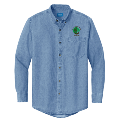 First Baptist Church of Mayville Men’s Denim Full Button Long Sleeve – EMBROIDERED – Faded Blue product image