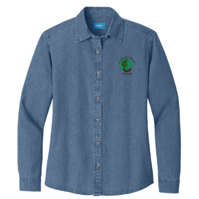 First Baptist Church of Mayville Ladies Denim Full Button Long Sleeve – EMBROIDERED – Faded Blue product image