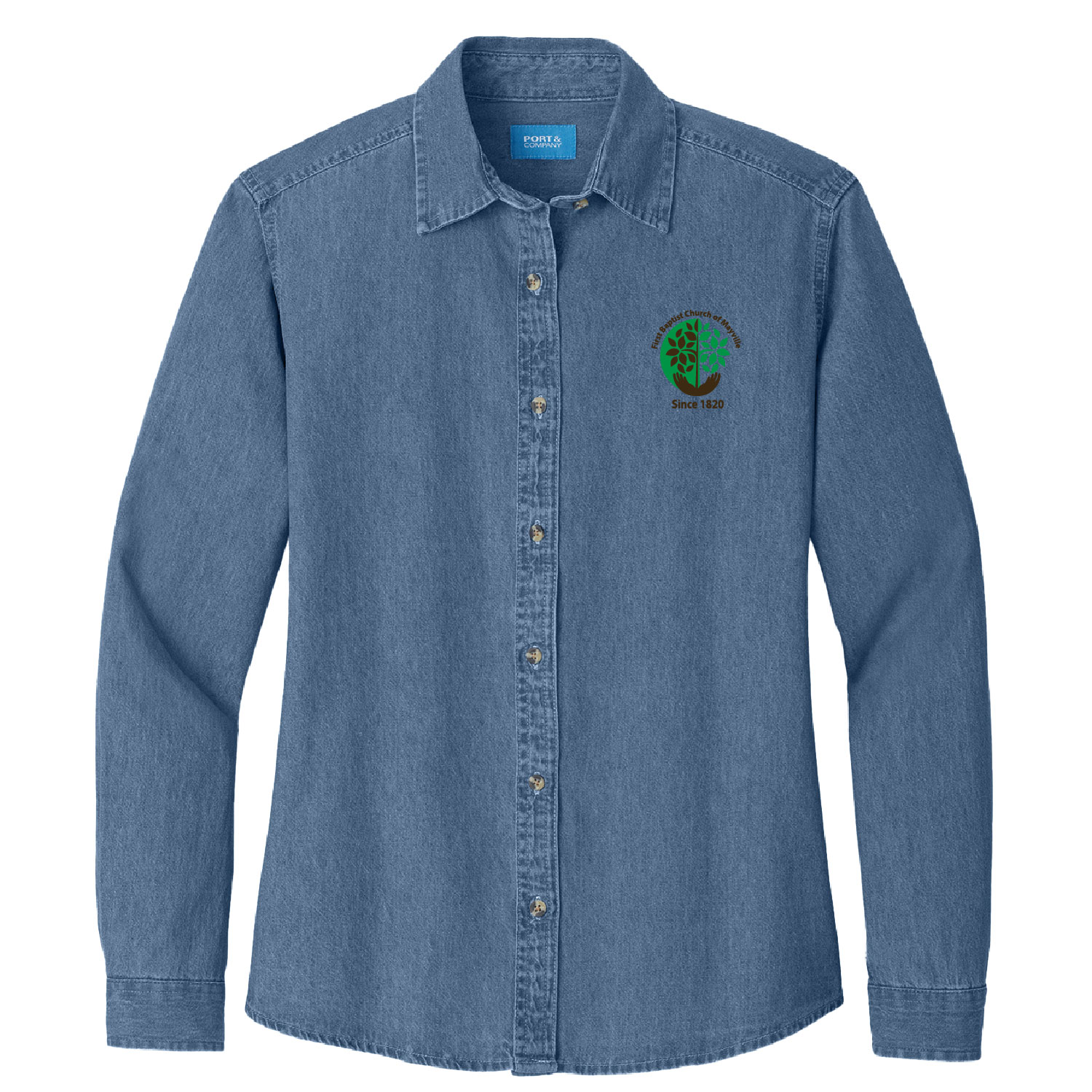 First Baptist Church of Mayville Ladies Denim Full Button Long Sleeve – EMBROIDERED – Faded Blue product image