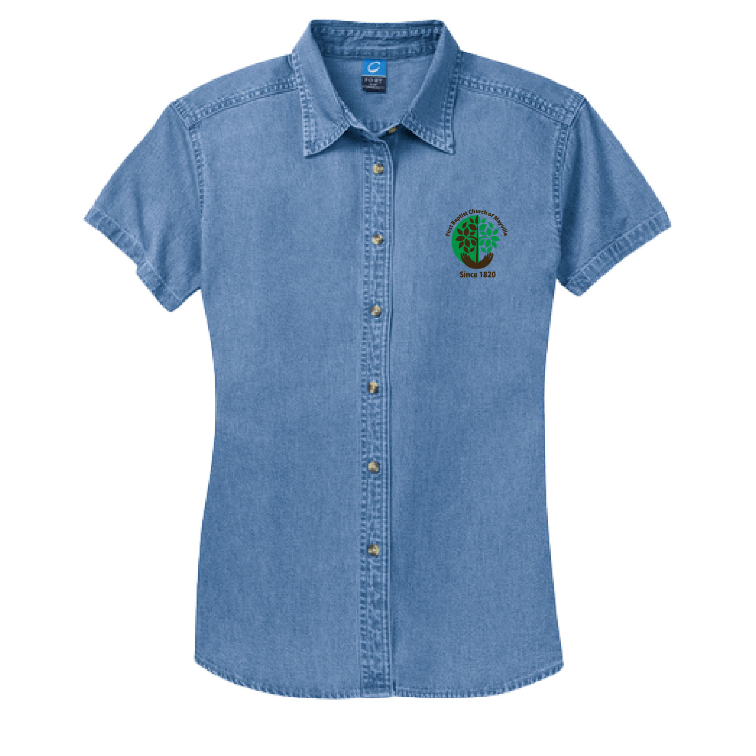 First Baptist Church of Mayville Ladies Denim Full Button – EMBROIDERED – Faded Blue product image