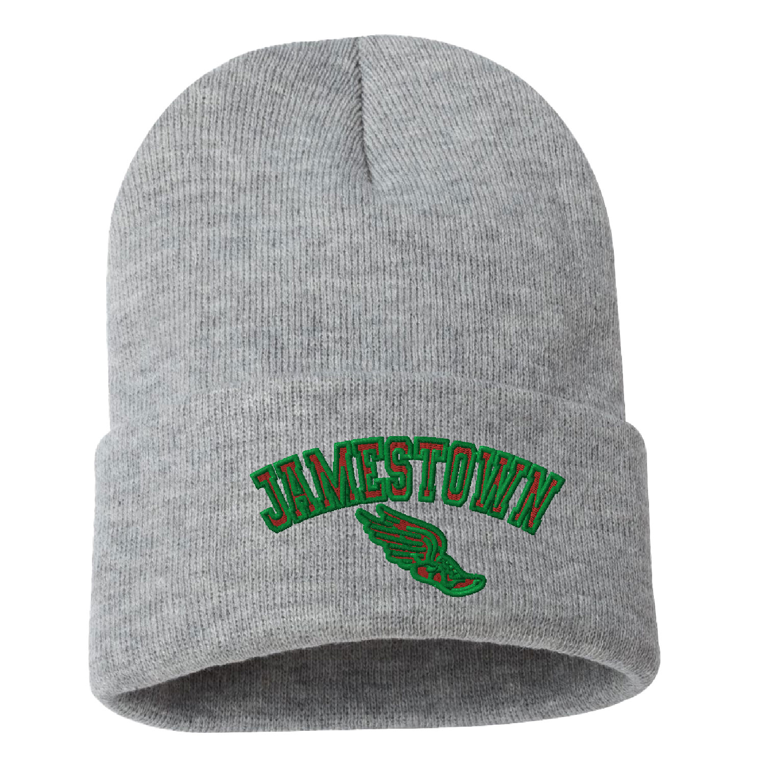 Jamestown Track – Embroidered Cuffed Beanie – Heather Gray product image