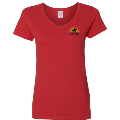 CCETS – Ladies V-Neck Short Sleeve Shirt – Yellow/Black Embroidery – Red product image