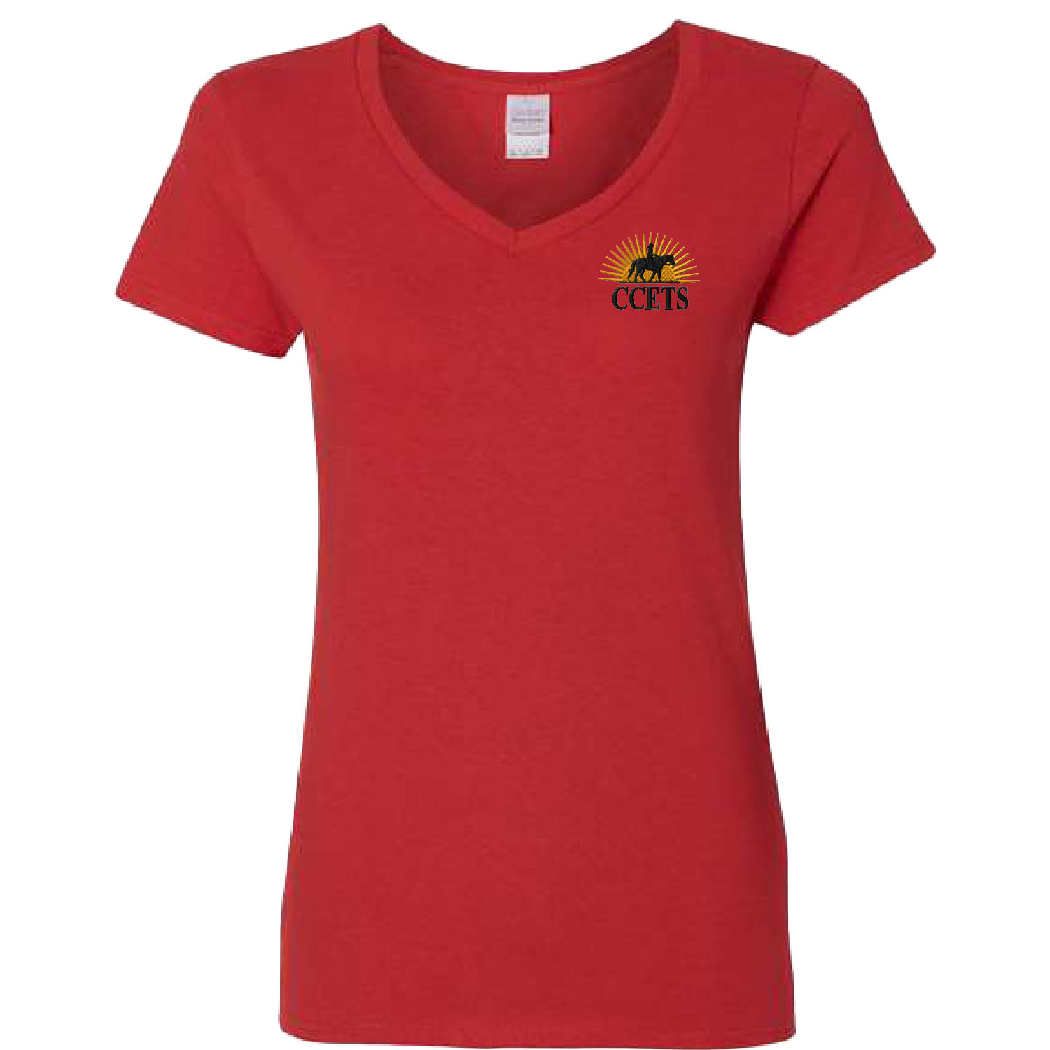 CCETS – Ladies V-Neck Short Sleeve Shirt – Yellow/Black Embroidery – Red product image