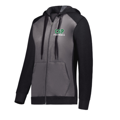 CSP Football – Ladies Three Season Fleece Full Zip Hooded Sweatshirt – Dark Gray / Black EMBROIDERED product image