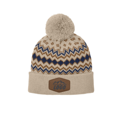Mock Merch Store – Alpine Pom Beanie – Sahara/ True Navy/ Duck Brown – Laser Leather Patch product image