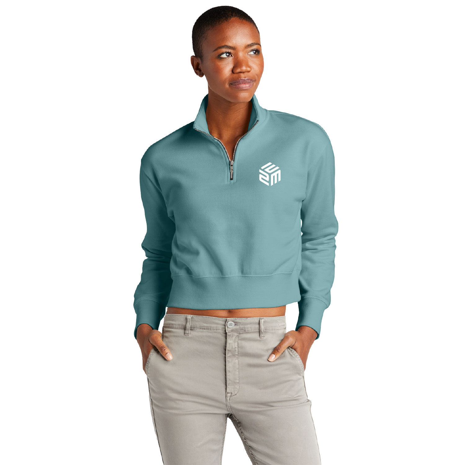 E2M - All NEW! Ladies Fleece Quarter Zip - Eucalyptus Blue - EMBROIDERED Cube Design