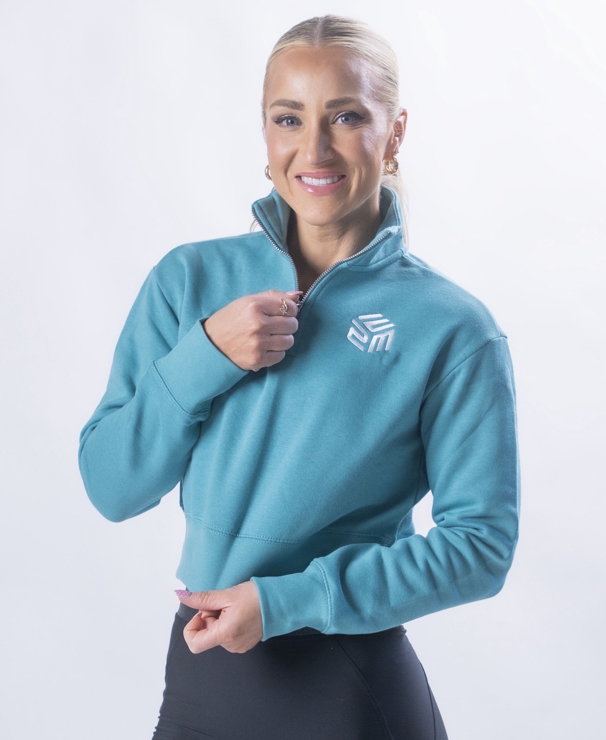 E2M – All NEW! Ladies Fleece Quarter Zip – Eucalyptus Blue – EMBROIDERED Cube Design product image