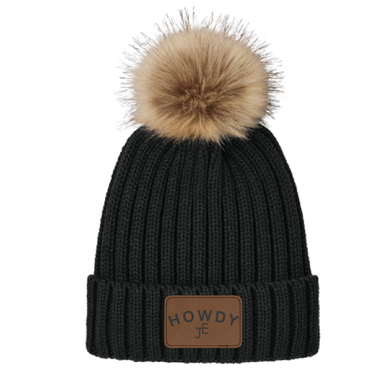 Official Julia Elle Merch Store - Faux Fur Pom Pom Beanie - Black with Leather Patch - Image 2