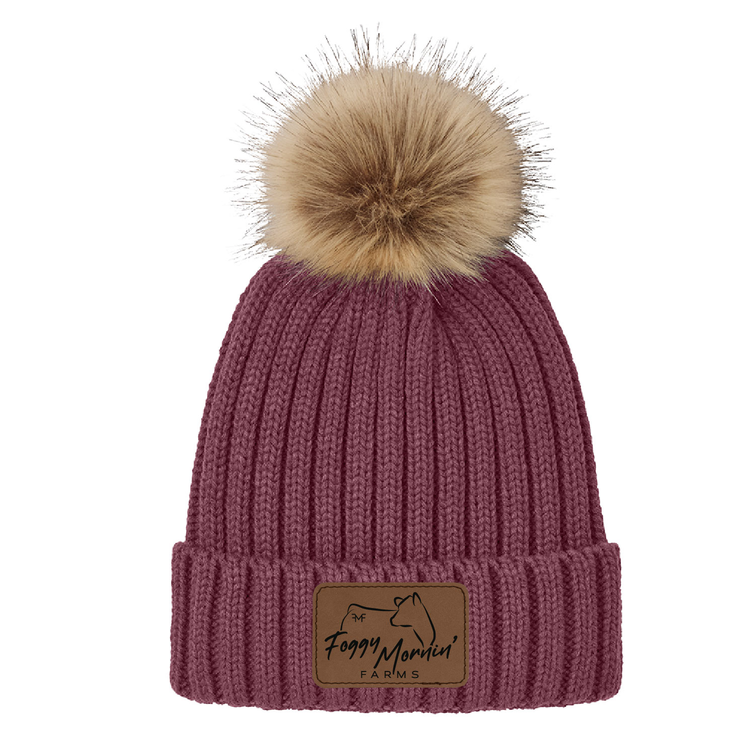 Foggy Mornin’ Farms- Pom Pom Beanie – Rosewood- With Laser Patch product image