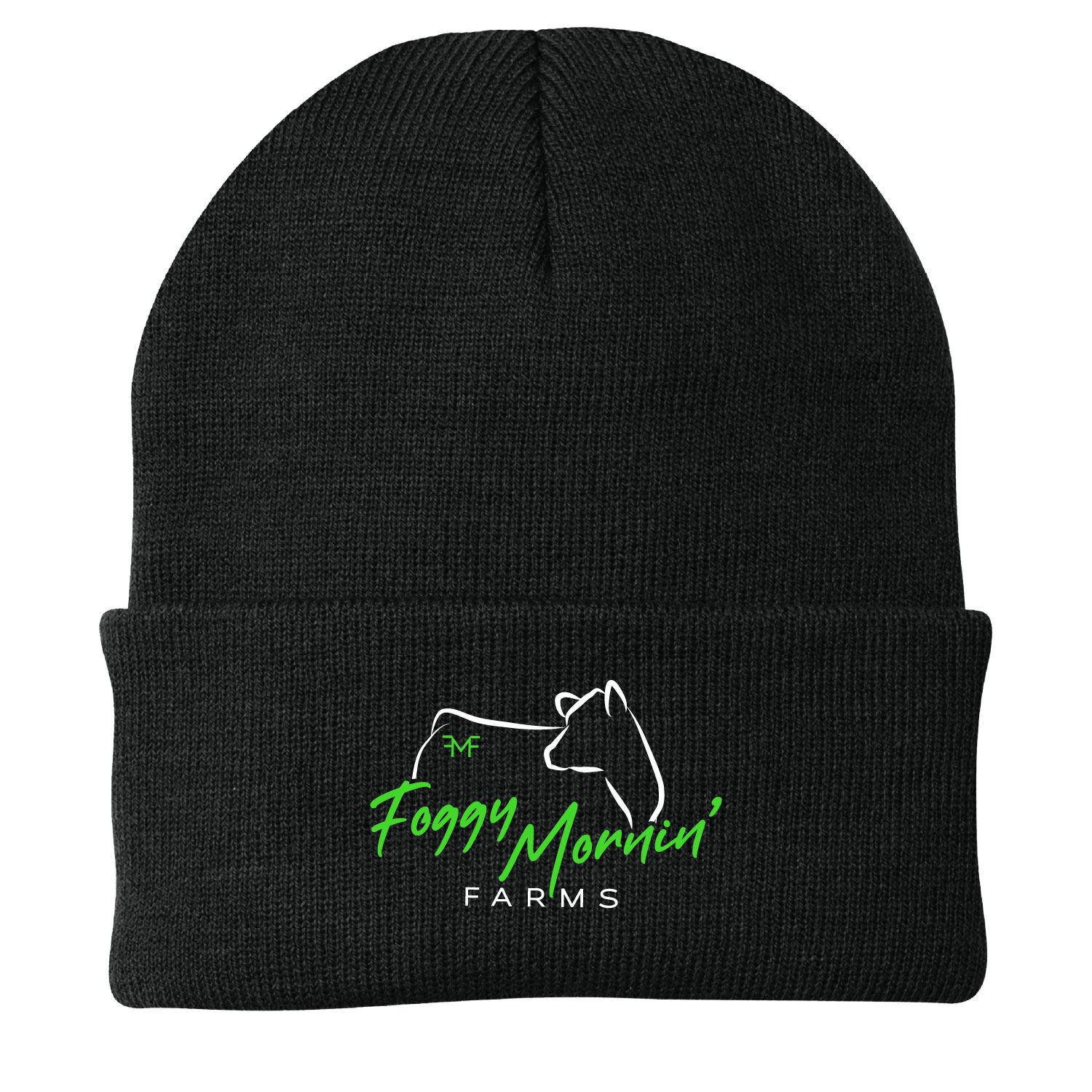 Foggy Mornin' Farms- Knit Cuffed Beanie - Black - Embroidered - Image 2