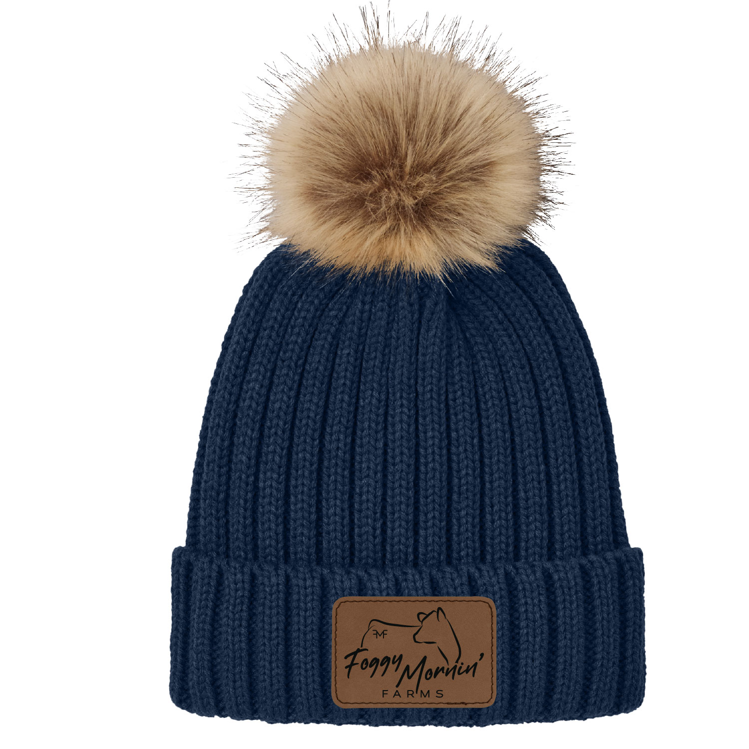 Foggy Mornin’ Farms- Pom Pom Beanie – Navy – With Laser Patch product image