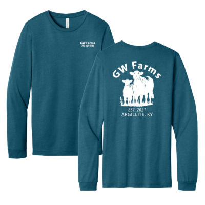 GW Farms – Bella Tri Blend Cotton Long Sleeve Shirt – Heather Deep Teal – White Print product image
