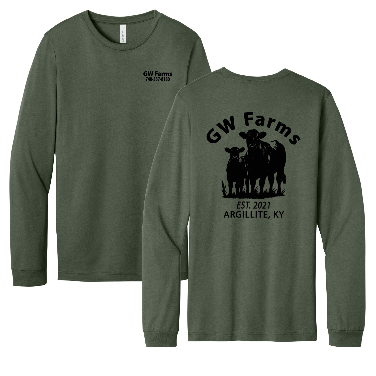 GW Farms - Bella Tri Blend Cotton Long Sleeve Shirt - Heather Military Green - Black Print