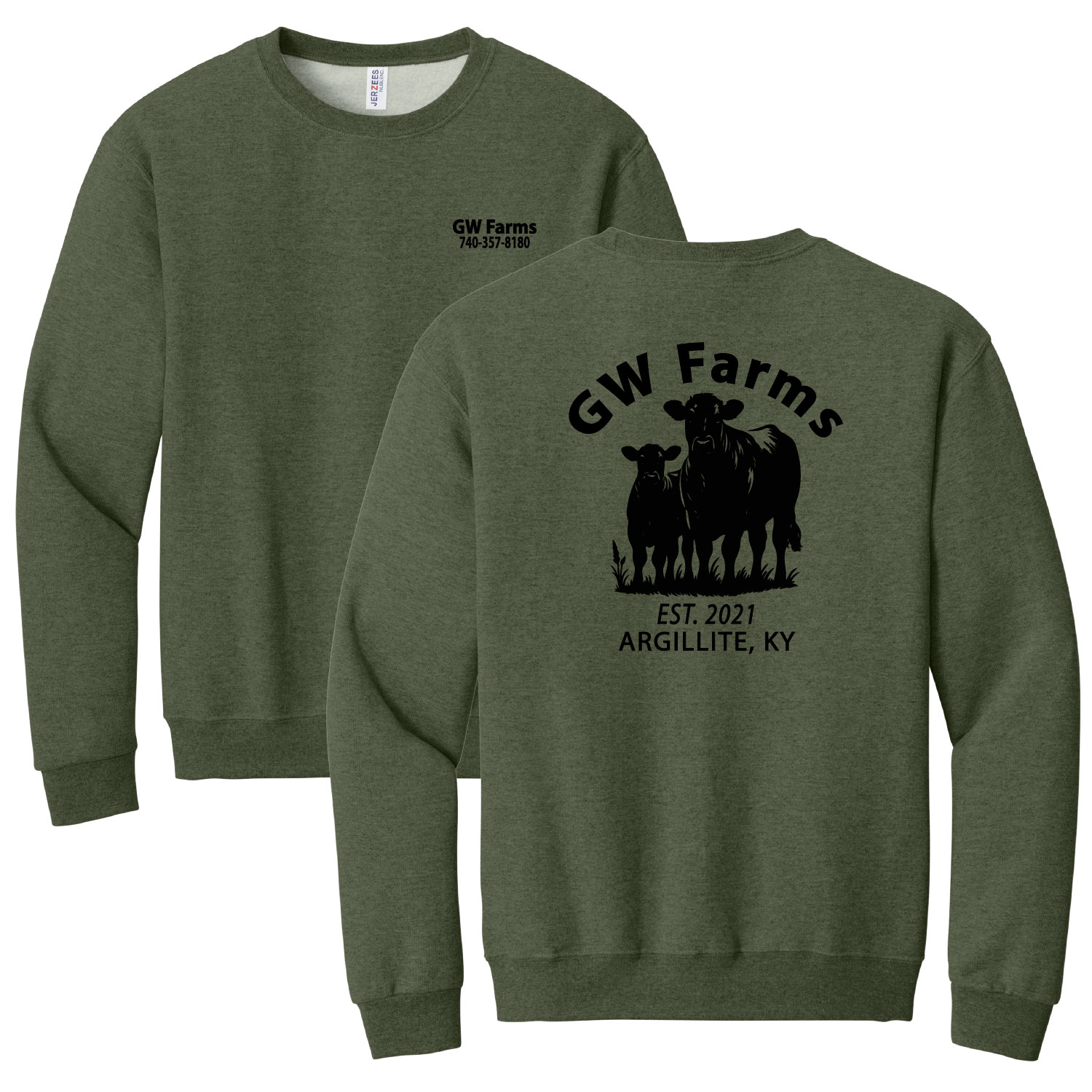 GW Farms – Cotton Crewneck Pullover – Military Green Heather – Black Print product image