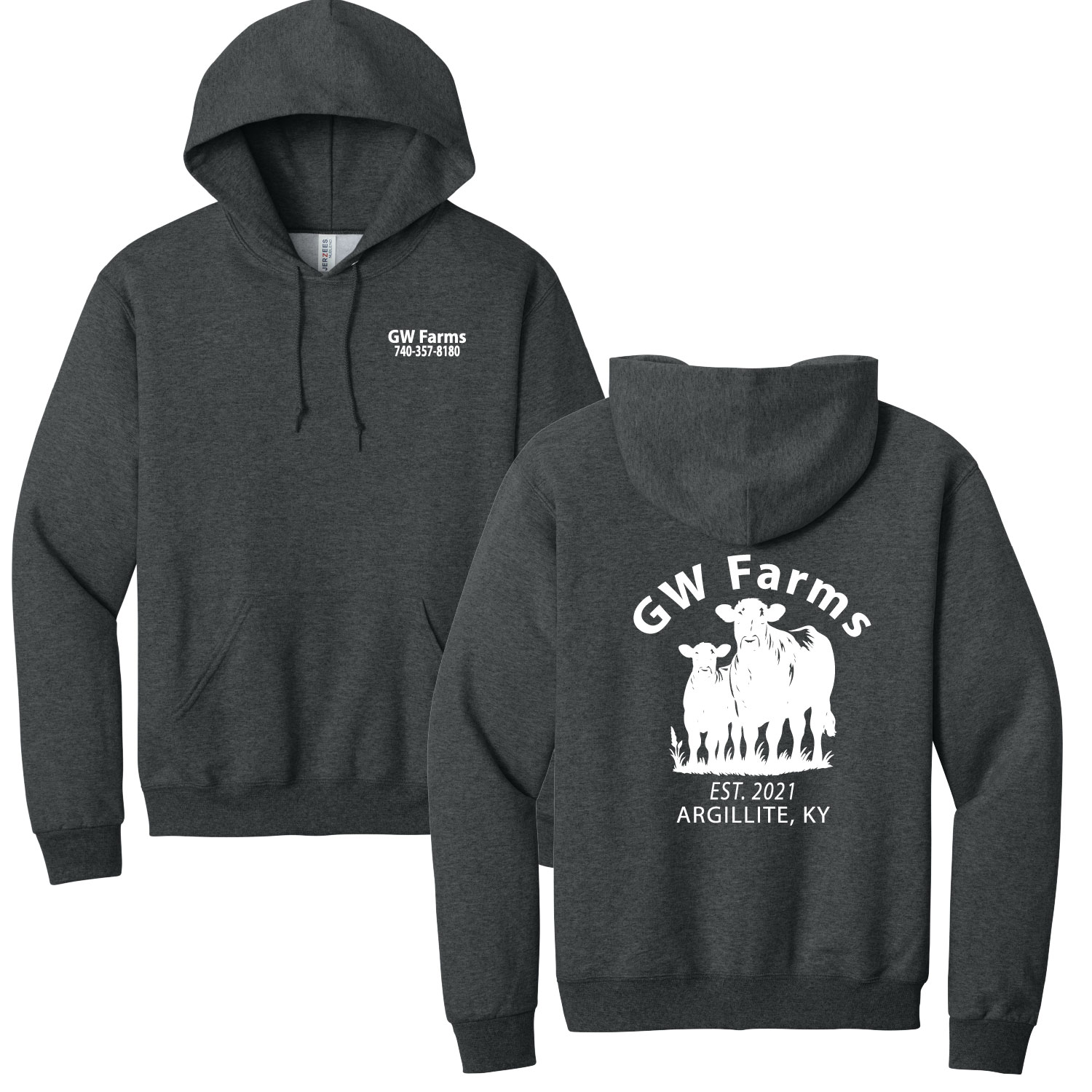 GW Farms – Cotton Hooded Sweatshirt – Black Heather -White Print product image