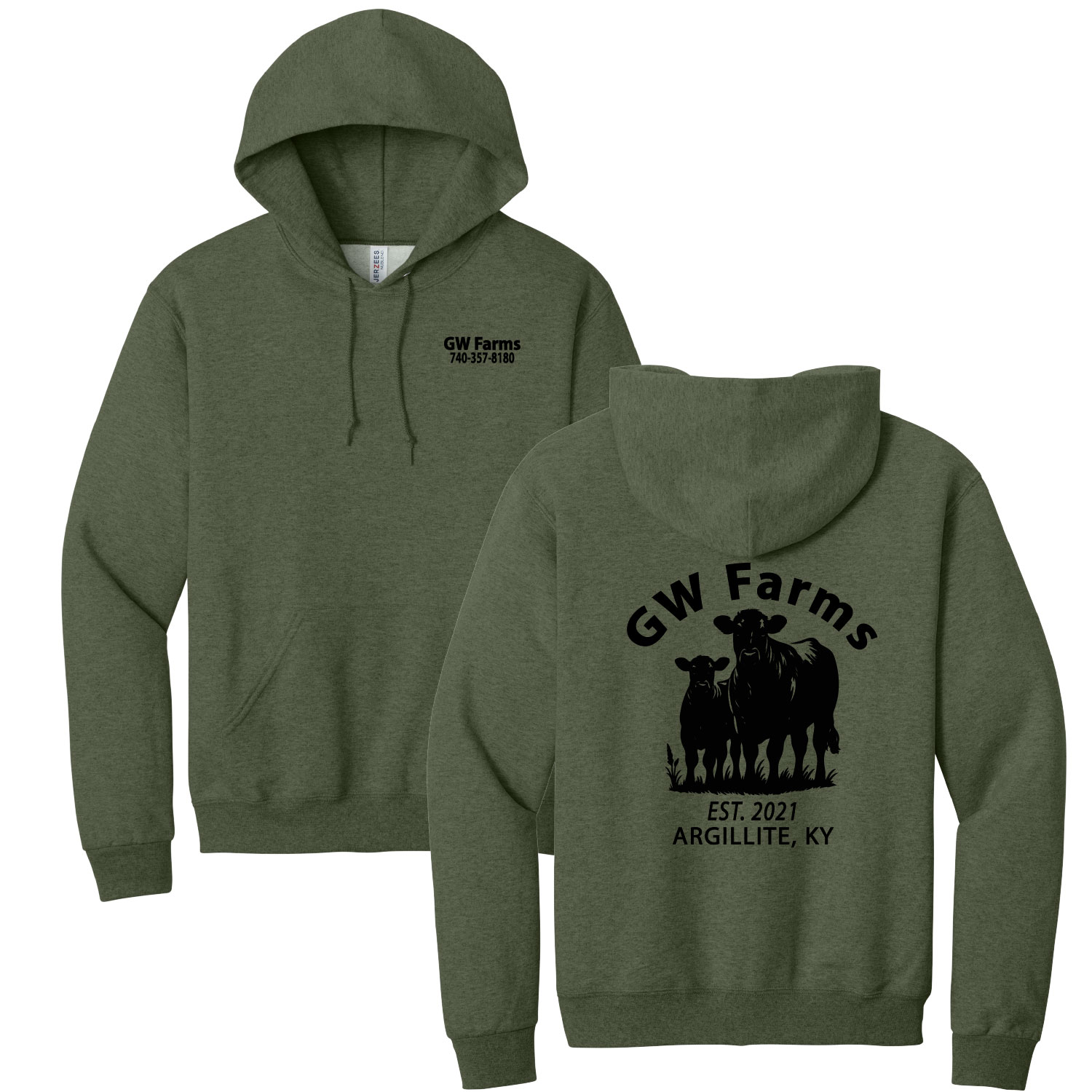 GW Farms – Cotton Hooded Sweatshirt – Military Green Heather – Black Print product image