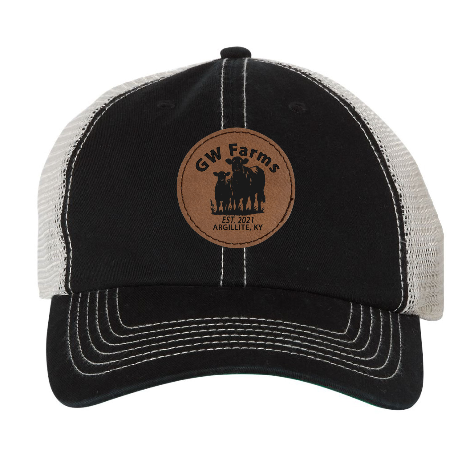 GW Farms – Unstructured snapback garment washed Trawler Cap – LASER ENGRAVED PATCH – Black/Stone product image
