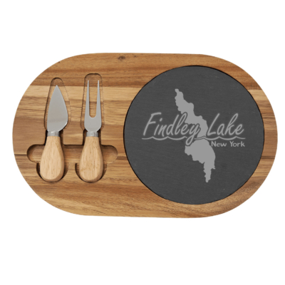 Findley Lake Merch Store – Acacia Wood/Slate Oval Cheese Set with Two Tools – ENGRAVED product image