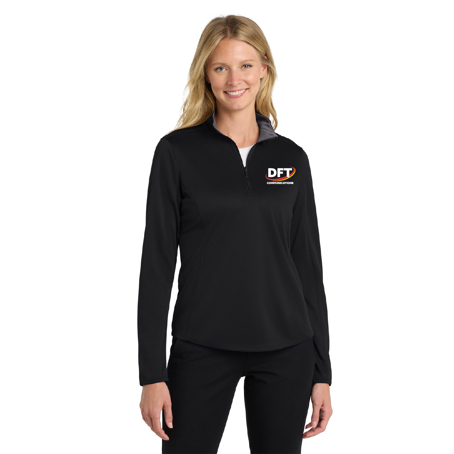 DFT Communications – Ladies Silk Touch Performance Quarter Zip – EMBROIDERED – Black/Steel Gray product image