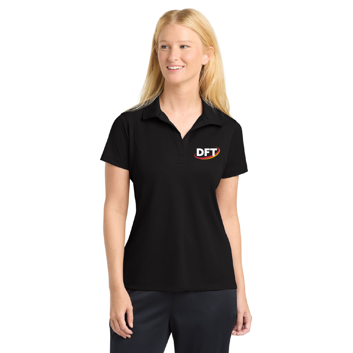 DFT Communications – Ladies SportTek Poly Polo – EMBROIDERED – Black product image
