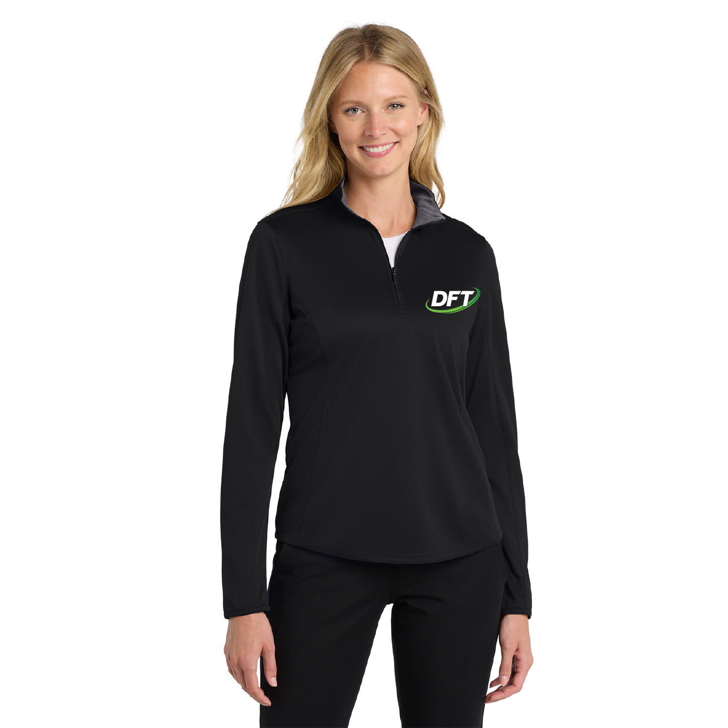 DFT Communications – Ladies Silk Touch Performance Quarter Zip – EMBROIDERED – Black/Steel Gray product image
